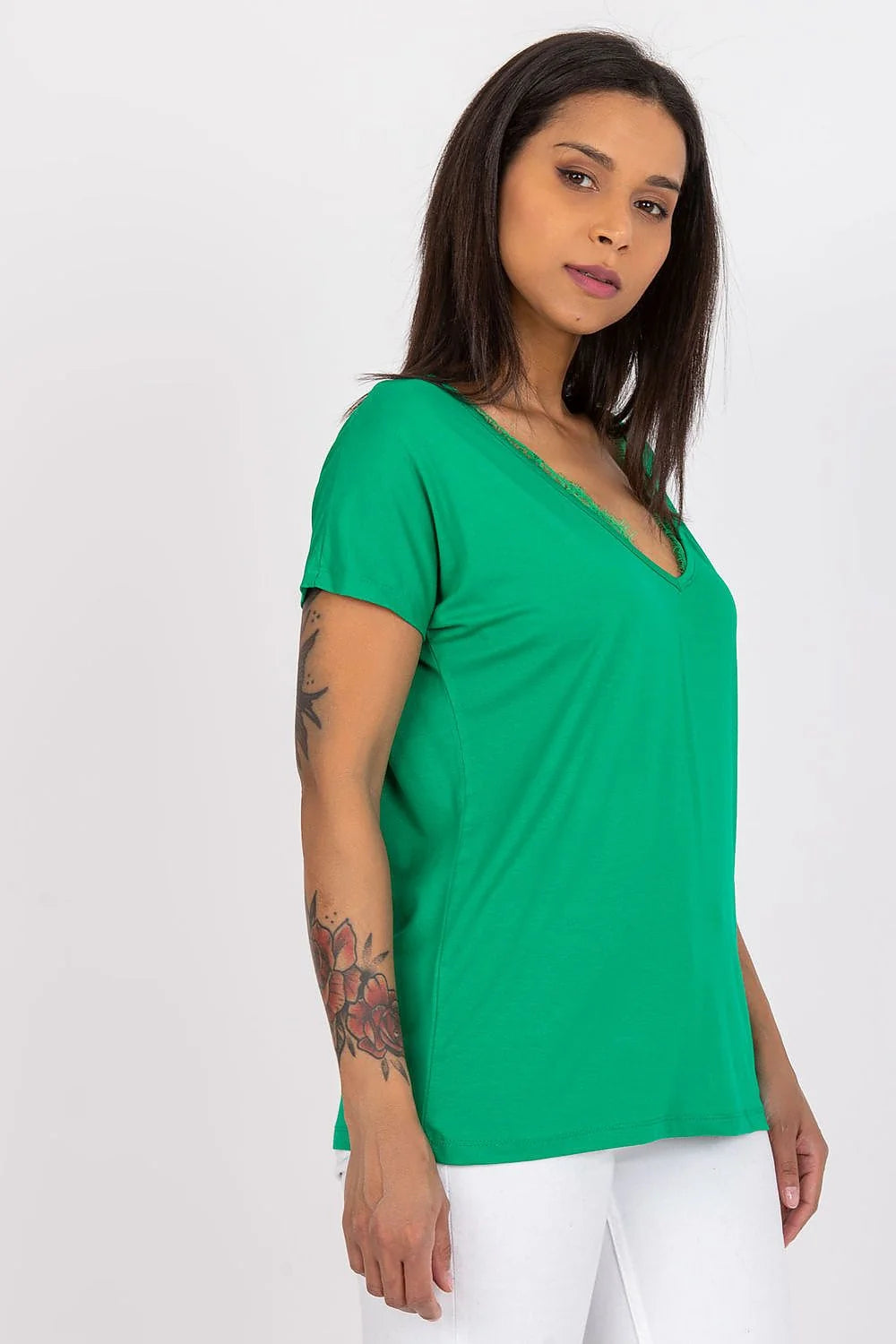 T-shirt BFG élégant pour femme en viscose élasthanne manches courtes encolure V dentelle noire taille ajustable polyvalent occasion jour soir