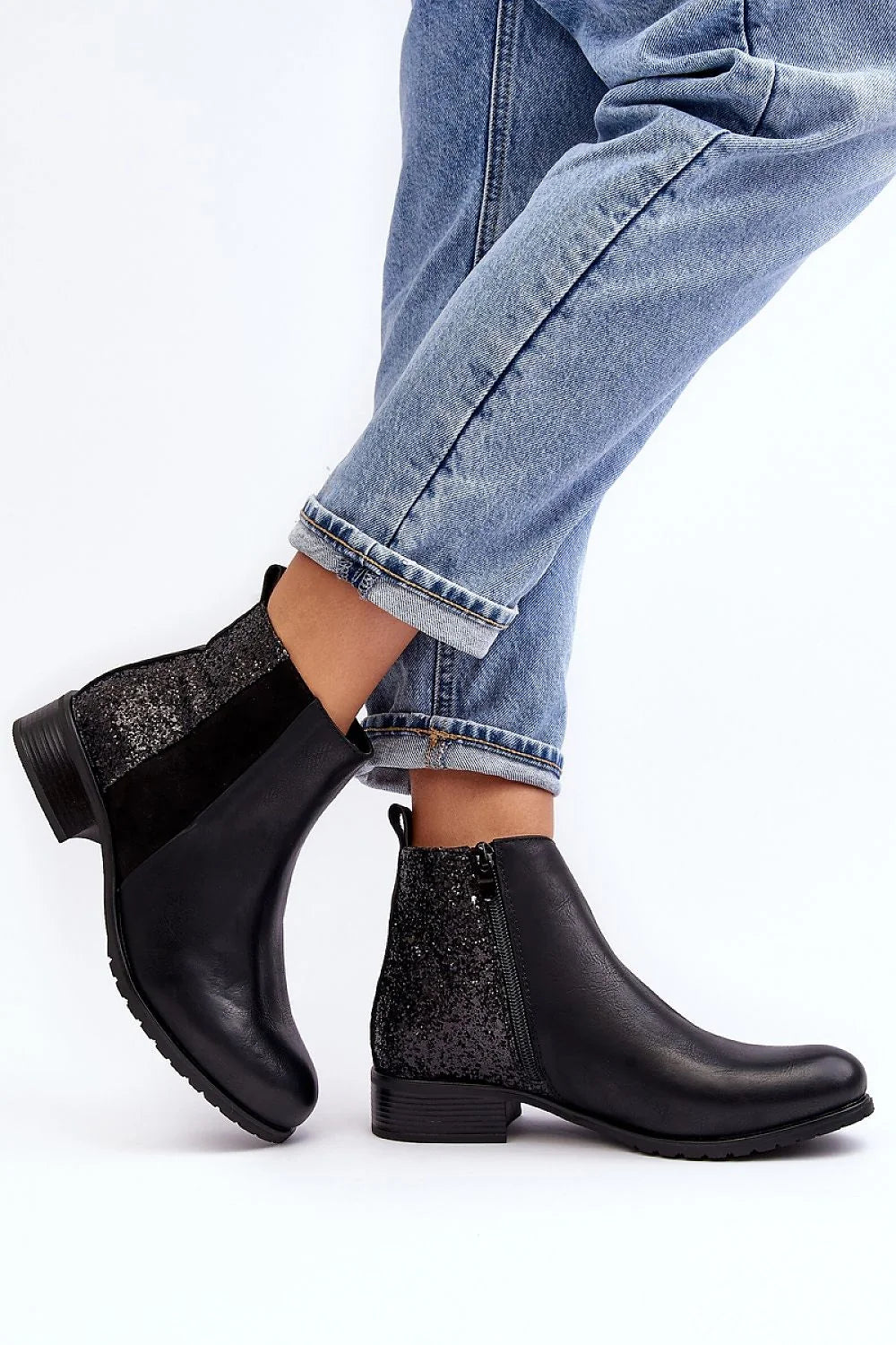 bottines Jodhpur Chelsea femme cuir noir pailleté gris talon carré bas fermeture éclair latérale semelle antidérapante matelassée cheville urbain chic