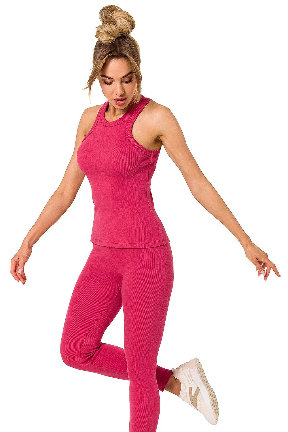ensemble sportif femme maille côtelée vert émeraude ajusté débardeur col rond sans manches pantalon taille haute extensible respirant