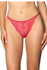 string tanga dentelle florale framboise fuchsia transparent taille basse échancré hanches stretch fins festonnés anneaux décoratifs élégant sexy