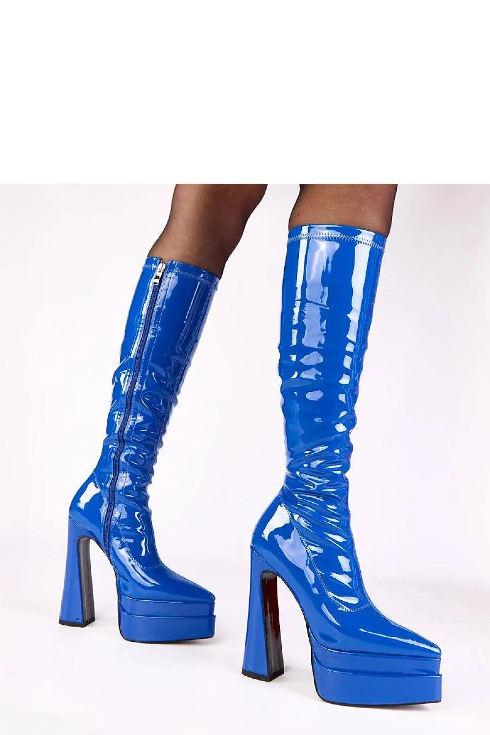 bottes hautes vernies bleu électrique cuir écologique tige 37cm bout pointu talon bloc 15cm plateforme 5cm semelle tissu fermeture éclair