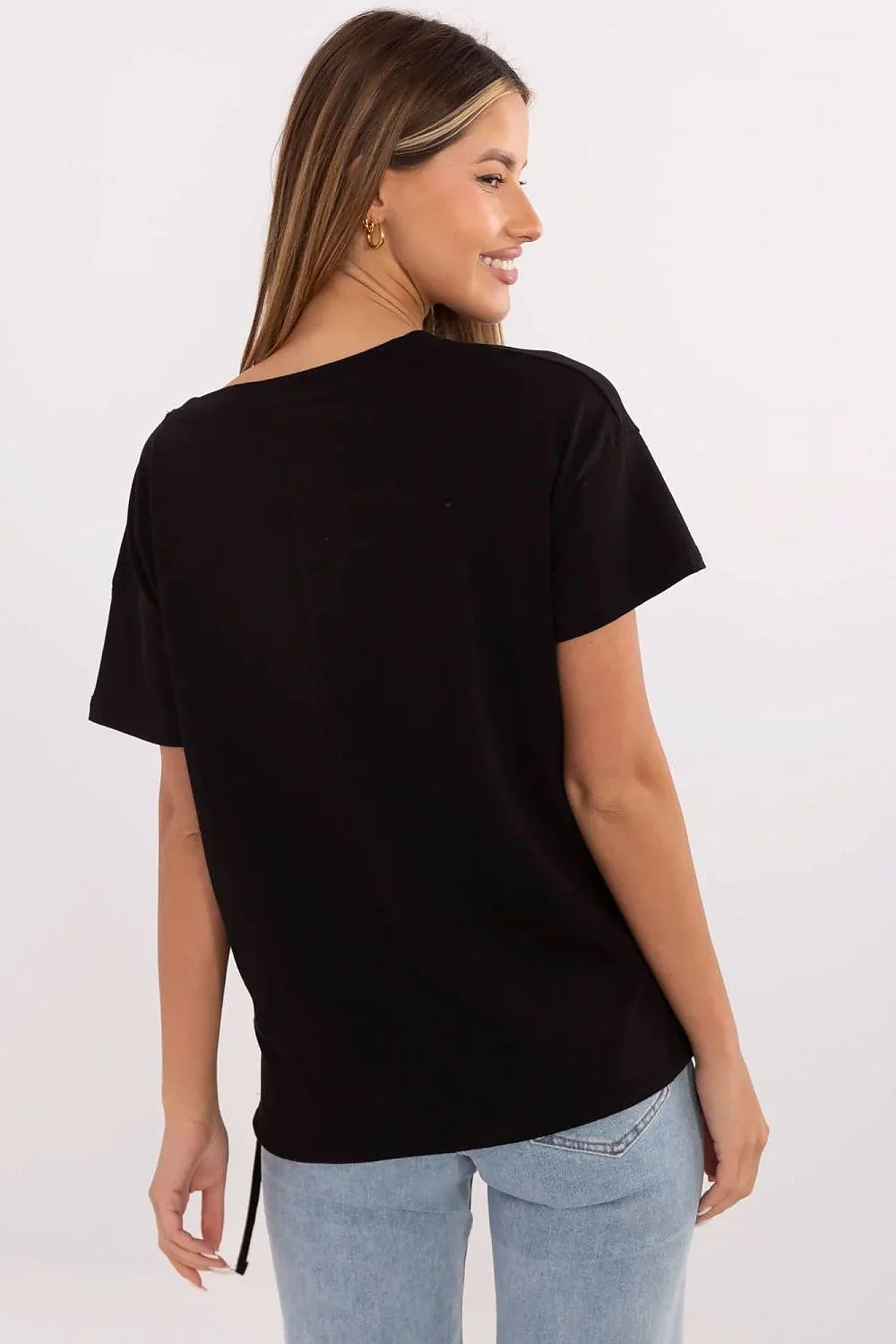 T-shirt femme graphique papillon coloré style casual coton élasthanne encolure bateau manches courtes ajustable longueur standard