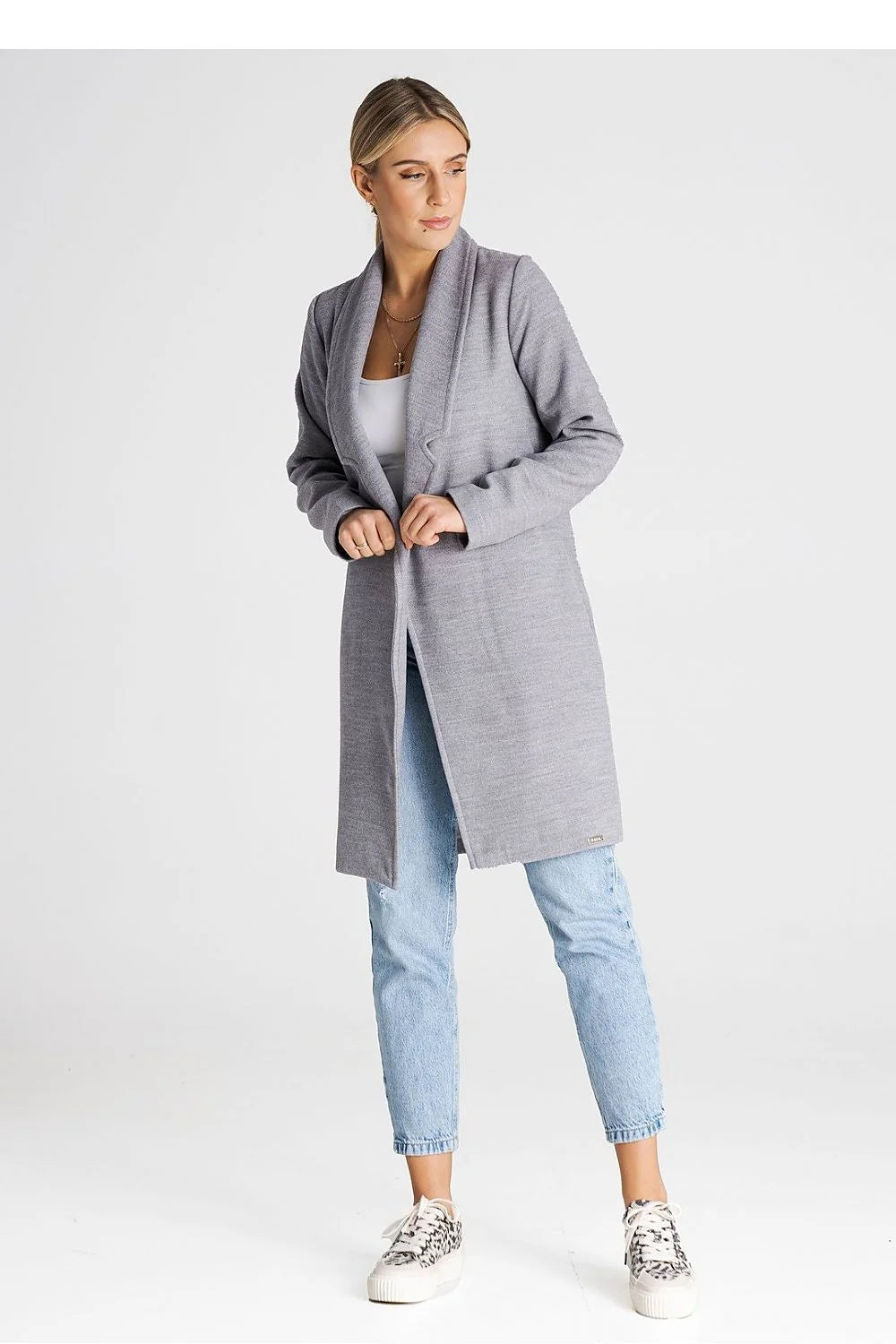 Manteau femme moderne design minimaliste couleur grise longueur genoux col châle sans boutons polyester viscose