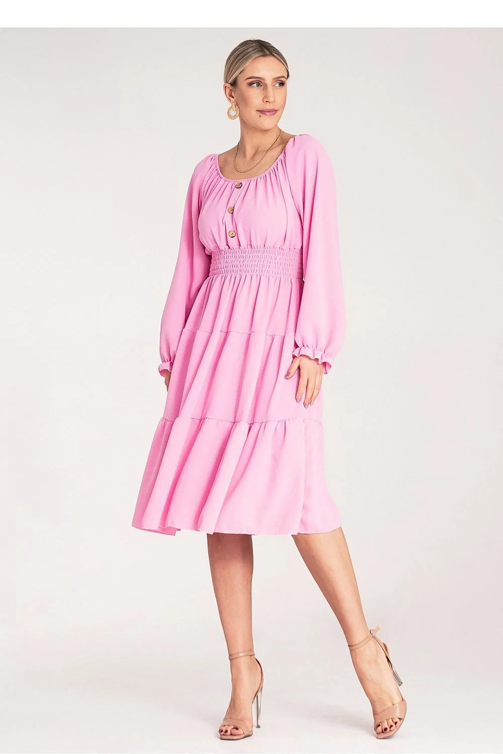 Robe de jour élégante off-shoulder manches longues en rose vif tissu fluide élasthanne polyester femme