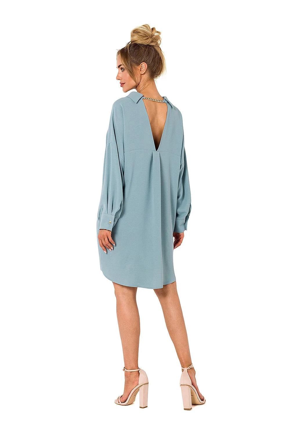 Robe de jour Moe courte femme tissu fluide couleur brun terreux manches longues poignets boutonnés col à revers