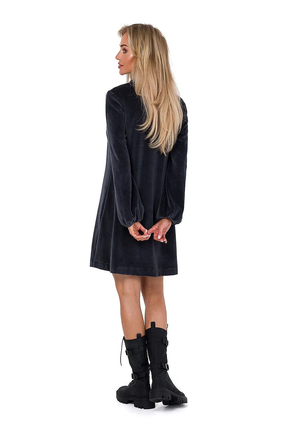 Robe de jour élégante en velours bleu marine manches longues encolure en V coupe trapèze femme mode moderne