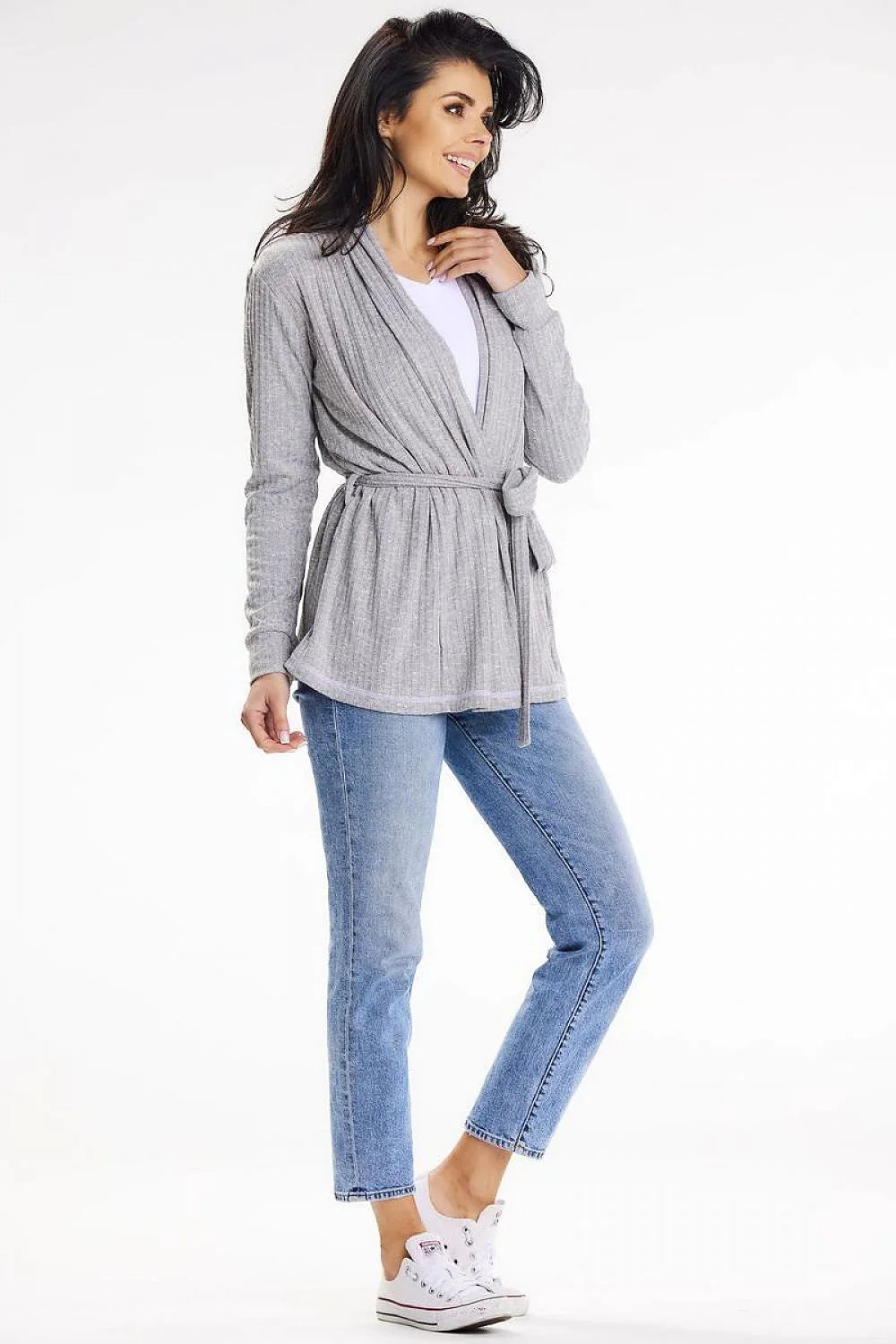 cardigan femme ouvert ample col châle maille côtelée gris chiné mi longue manches longues léger doux fluide ceinture assortie ajustée