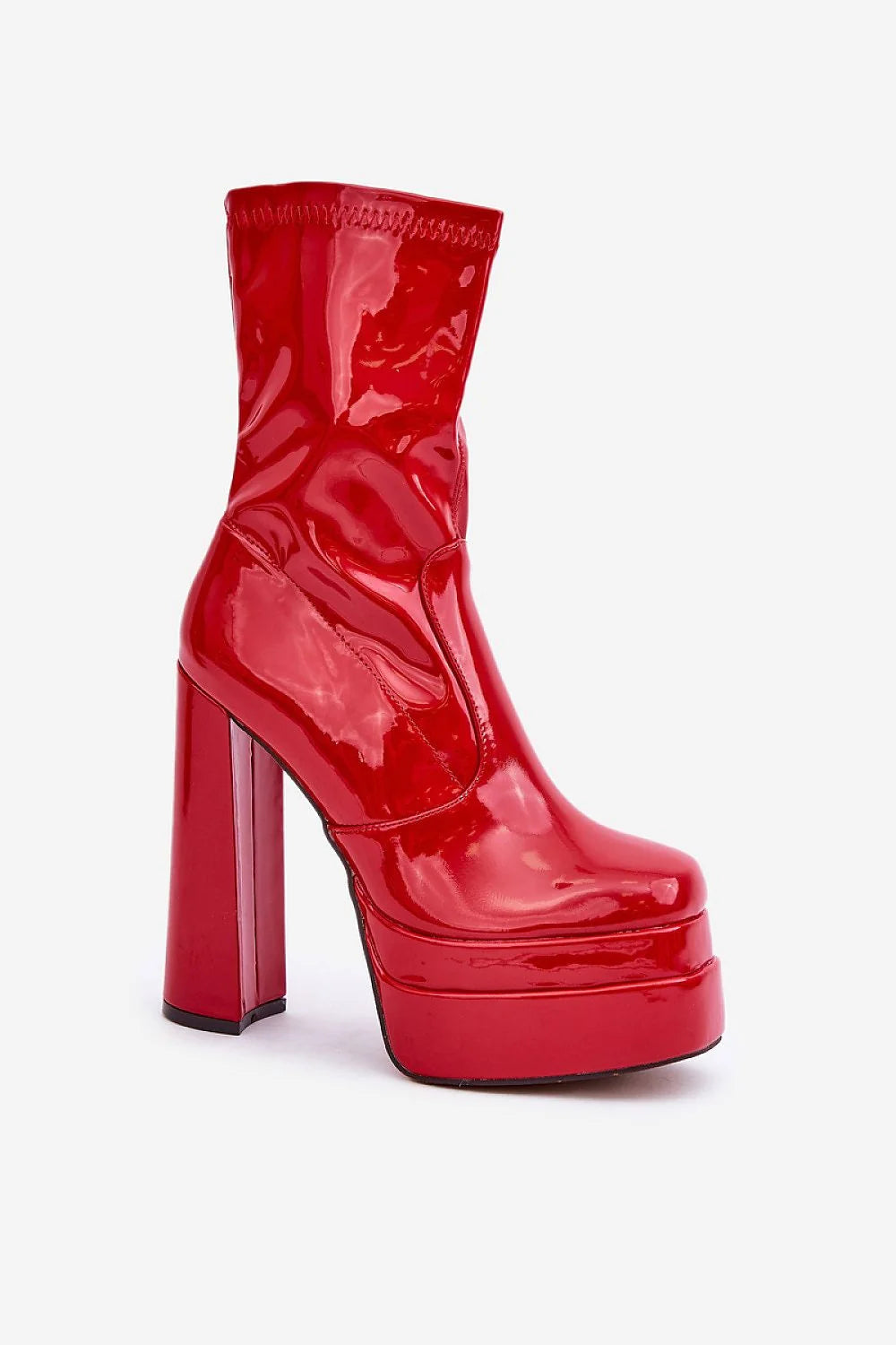 Bottes audacieuses pour femmes en similicuir verni rouge talons blocs style rétro années 70
