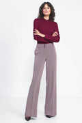 pantalon Nife femme bordeaux taille haute jambe large coupe évasée tissu texturé chevrons viscose polyester polyuréthane ceinture plis marqués élégant