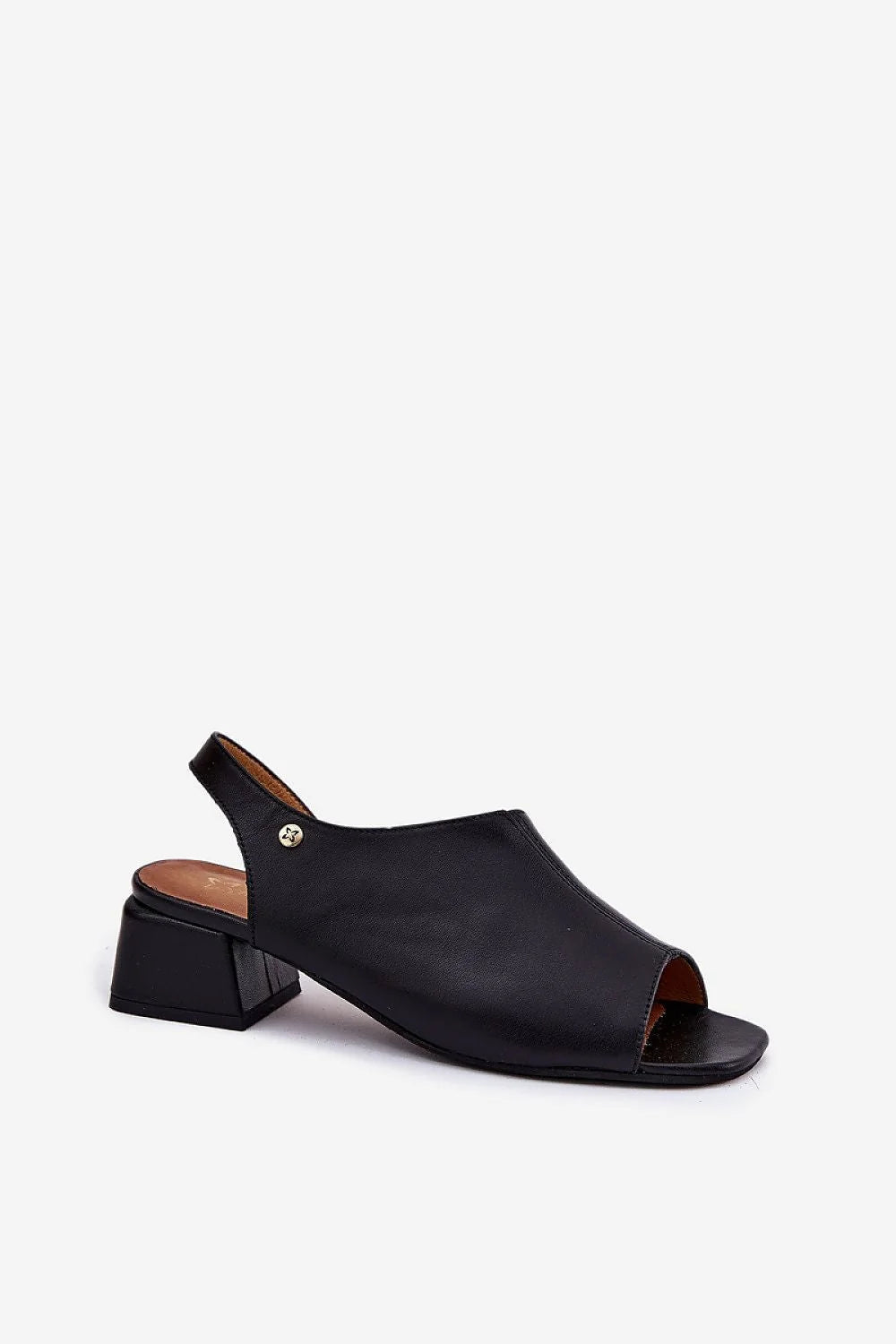 Sandales pour femme modernes élégantes cuir noir peep toe talon carré asymétrique occasionnels été