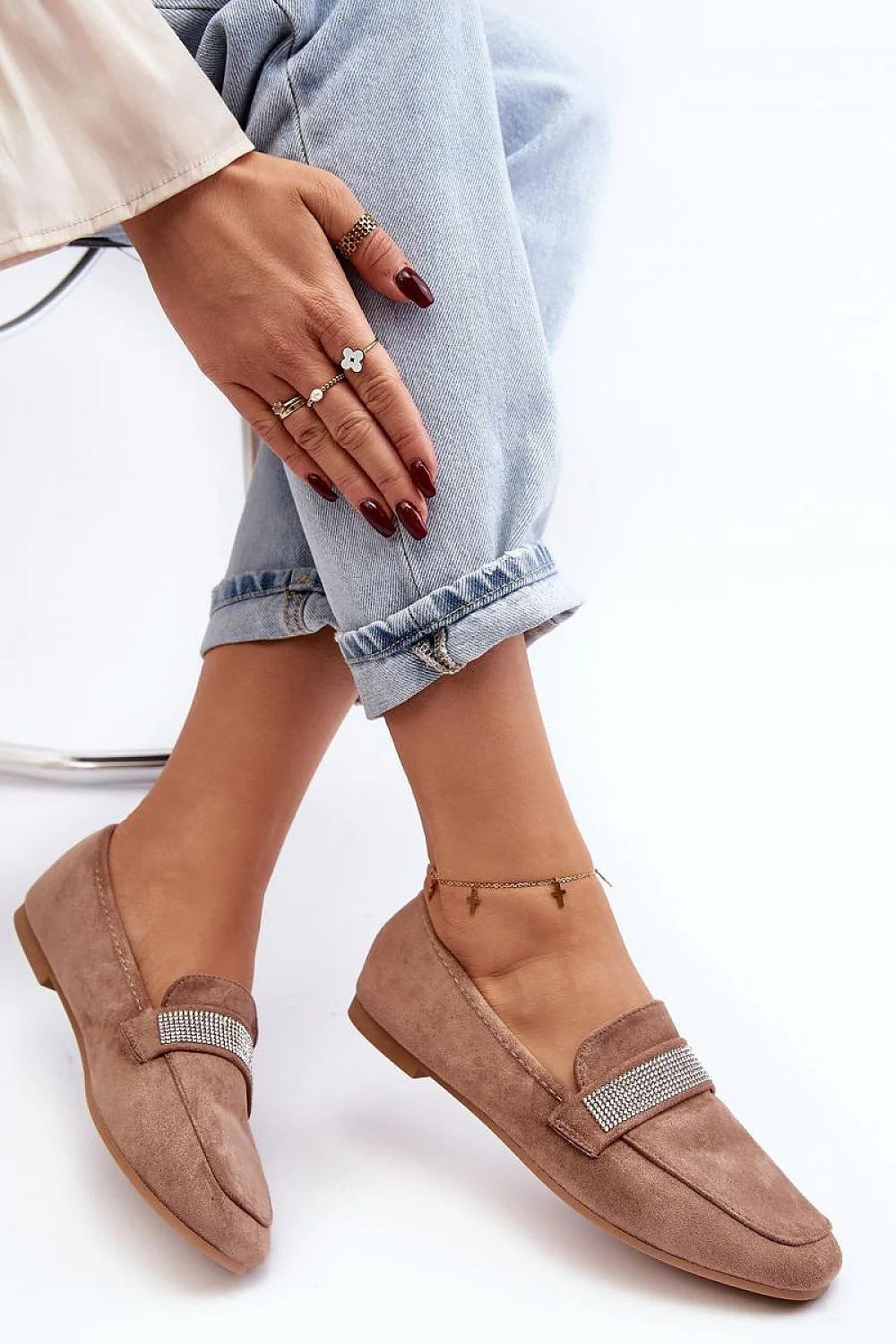 Mocassins élégants pour femme en daim écologique, style classique moderne, zircons scintillants, confort tout au long de la journée