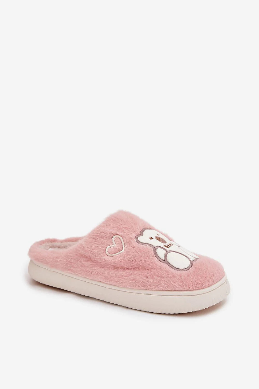 pantoufles fourrure fausse femme rose pâle peluche semelle épaisse blanche mule slipon talon ouvert broderie ourson coeur cosy
