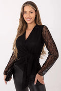 chemisier dentelle noir décolleté V manches longues transparentes motif floral cintrée lien noué doublé nylon spandex court soirée élégant féminin