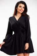 Robe de jour awama élégante courte manches longues décolleté V ceinture ajustable tissu soyeux noir polygone femme