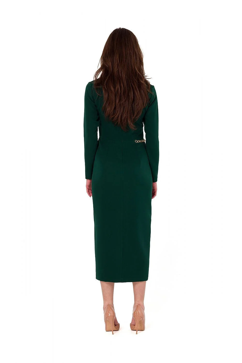 Robe de soirée élégante asymétrique épaule nue manches longues ceinture dorée couleur verte longueur midi femme