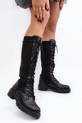 Bottes cuissardes cuir écologique modernes élégantes lacées noires résistantes automne hiver pour femmes stylées