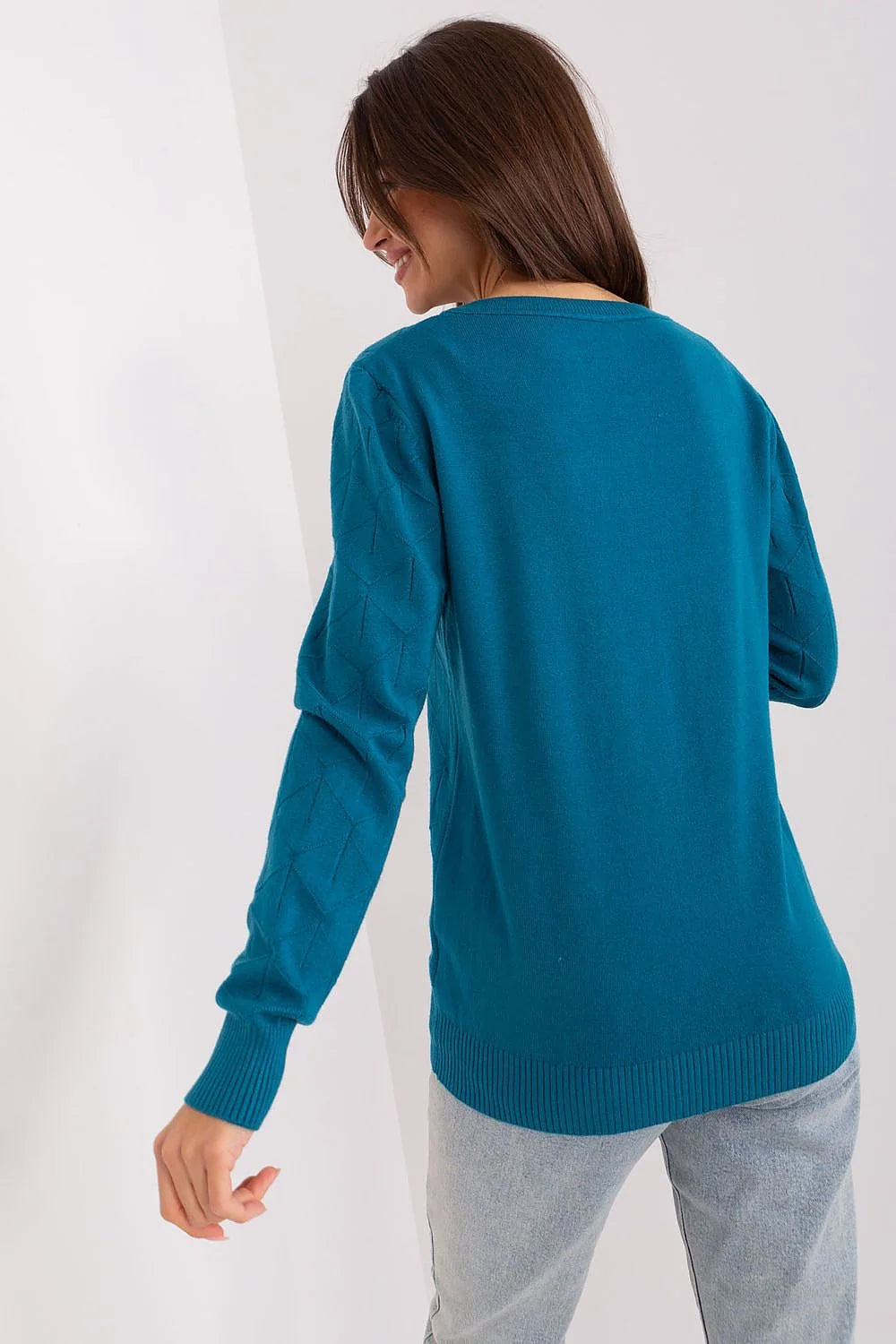 Pullover femmes bleu canard motif géométrique subtil manches longues col rond ajusté polyvalent automne hiver