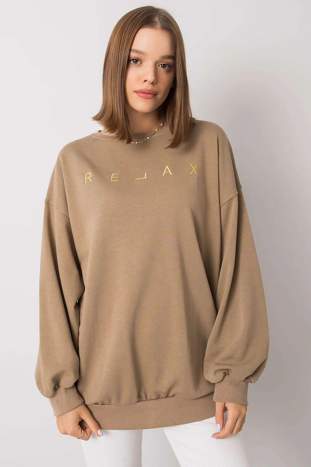 Sweatshirt en coton polyester oversize beige matelassé décontracté avec inscription dorée pour femmes modernes