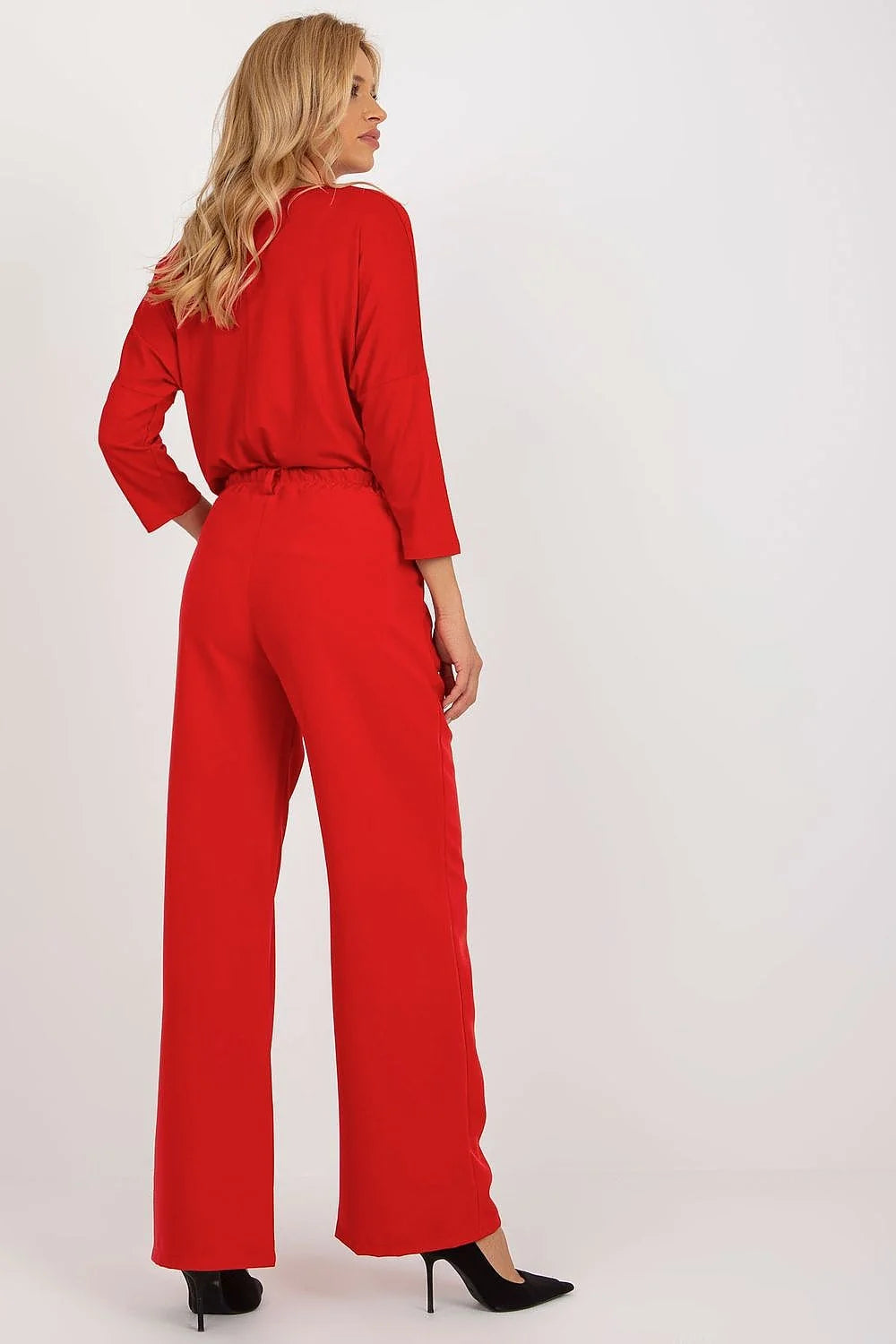 Ensemble coordonné femme robe et pantalon rouge vif coupe ample encolure V manches longues ceinture assortie polyester viscose mode élégant