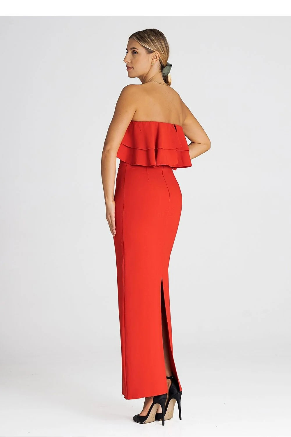 Robe de cocktail élégante longue sans manches volants encolure en mélange polyester élasthanne viscosé pour femme