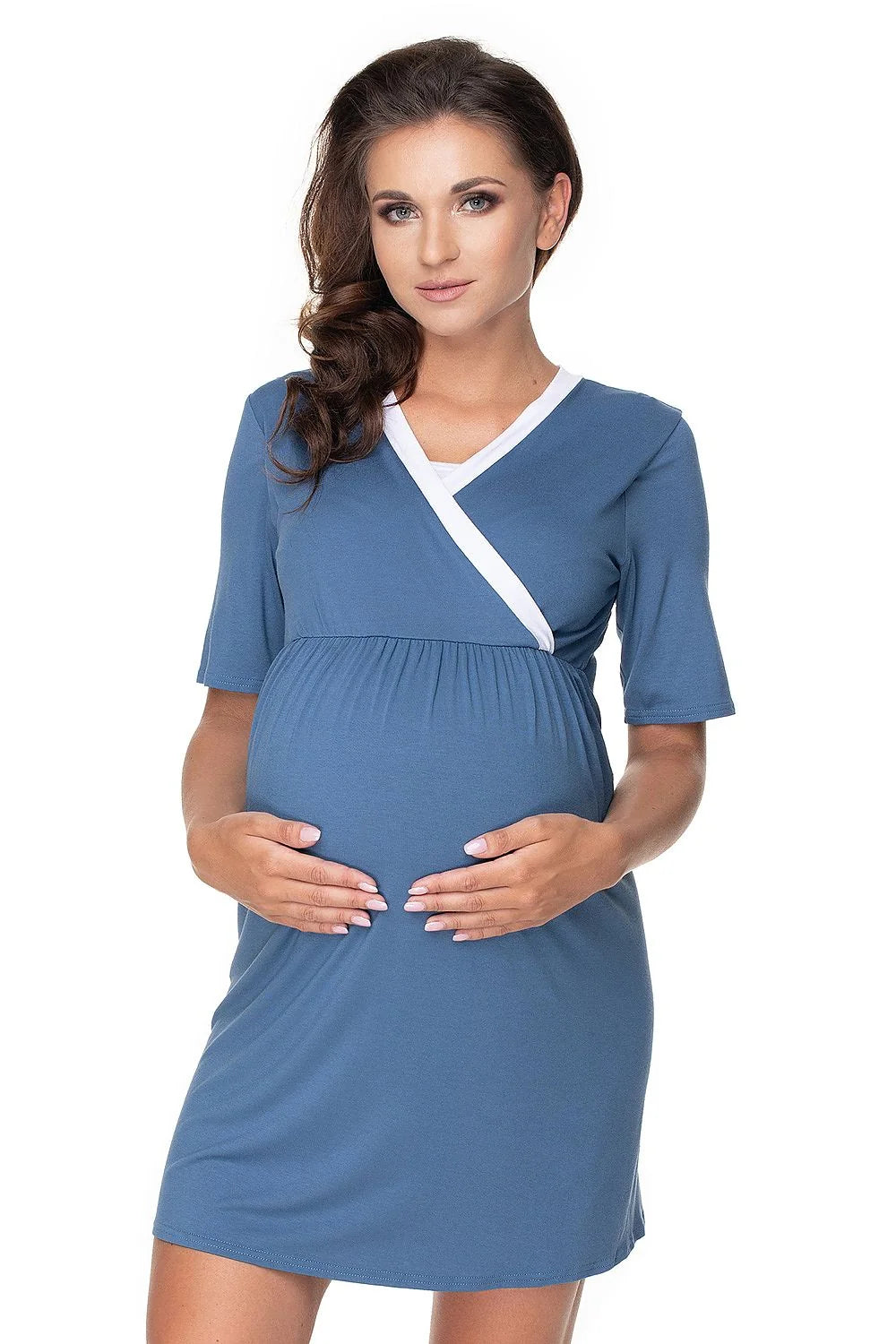 Robe maternité coton doux confort élégant bleu ceinture ajustable détente maison peignoir femme enceinte