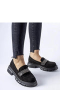 Mocassin pour femme design moderne élégant éco-suède daim noir strass argenté semelle épaisse crantée confortable été