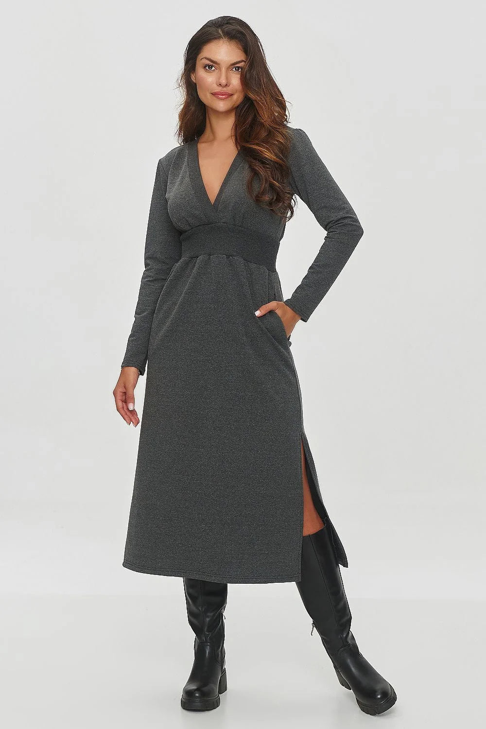 Robe de jour Makadamia tricot stretch manches longues décolleté V ceinture élastique gris charbon femme