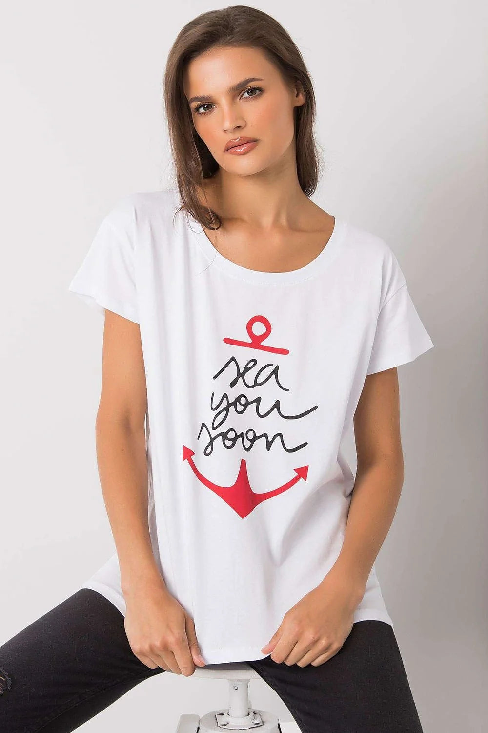 T-shirt pour femme design ancre 'sea you soon' vert menthe manches courtes col rond ajusté