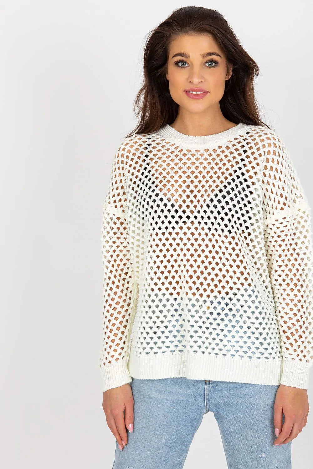 Chandail Badu maille large encolure ronde manches longues maille ajourée coton synthétique blanc femmes été