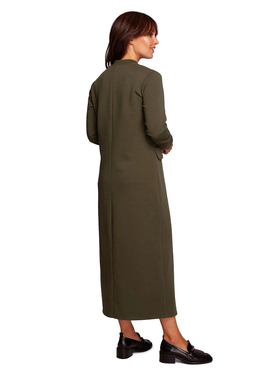 Robe de jour Be Wear longue en coton et polyester, fente haute, manches longues, encolure V, poches rabattables, style épuré, couleur violette profonde pour femme