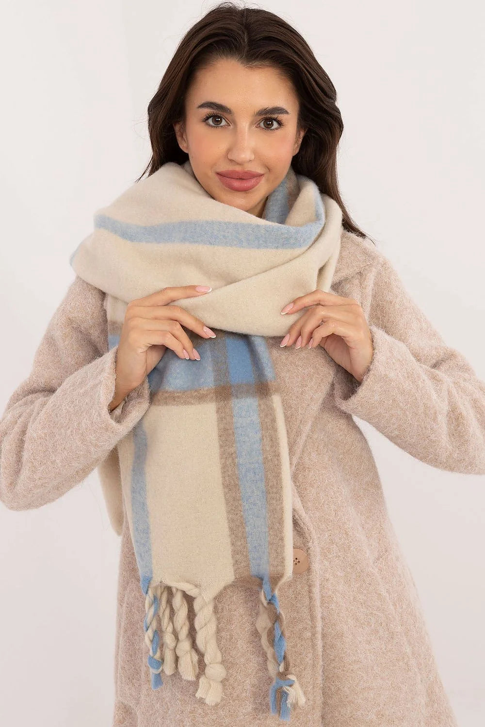 Châle écharpe hiver élégant pour femme en polyester motif rayures verticales franges beige bleu taupe