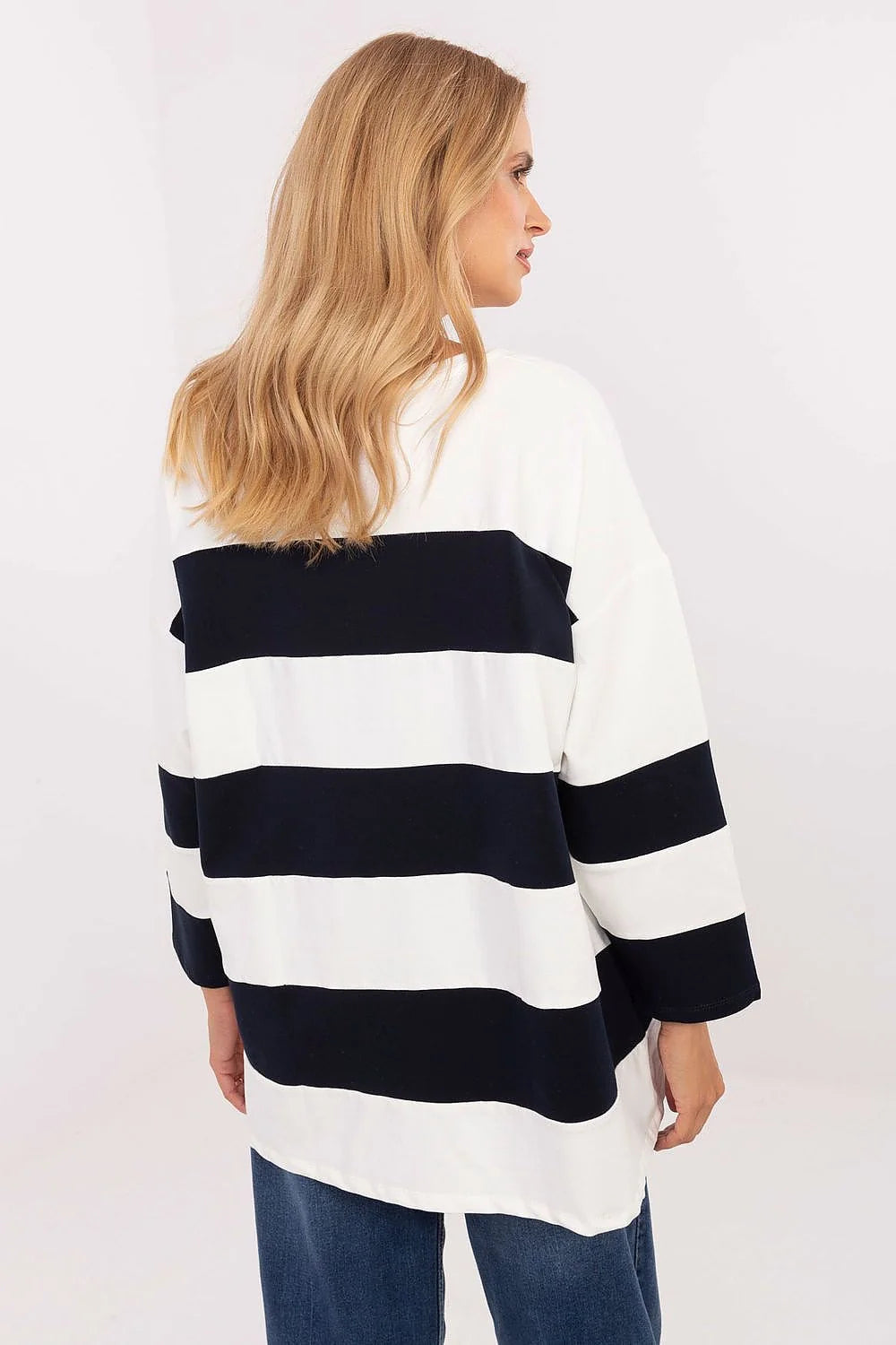 chemisier oversize femme marinière rayures bleu marine blanc manches longues col rond maille jersey douce tunique longueur