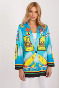 Veste femme design audacieux motifs nautiques bleu jaune rouge coupe droite manches longues col cranté occasion quotidienne élégance mode