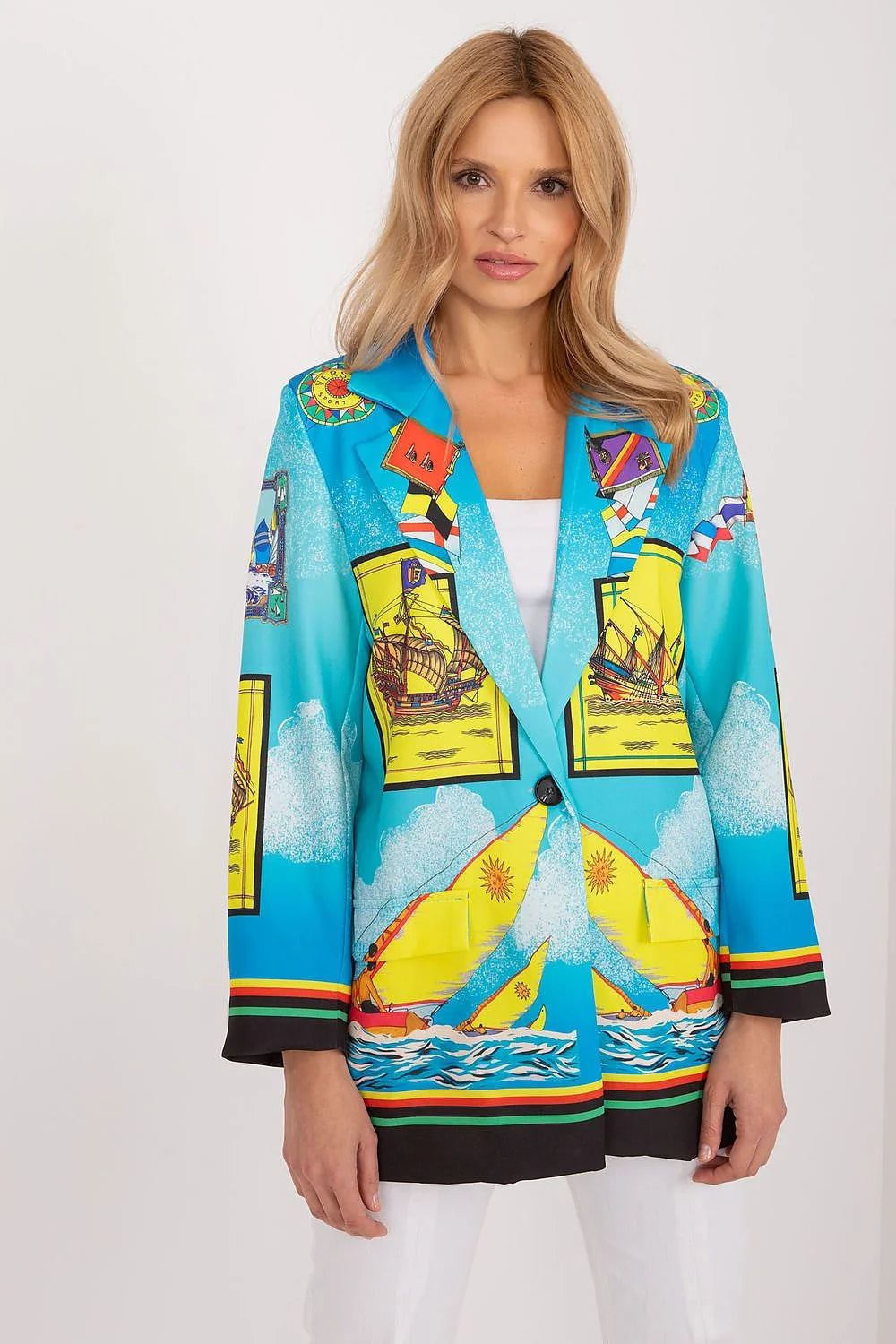 Veste femme design audacieux motifs nautiques bleu jaune rouge coupe droite manches longues col cranté occasion quotidienne élégance mode