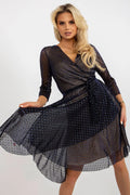 Robe de cocktail élégante transparente pois bleu nuit manches 3/4 décolleté V ceinture taille ajustable jupe asymétrique femme