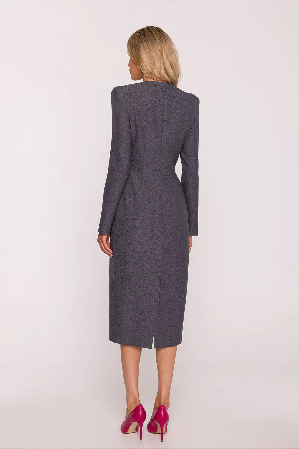 robe crayon fourreau manches longues encolure ronde épaules structurées gris anthracite tissu chiné texturé coupe ajustée fente dos doublée polonaise