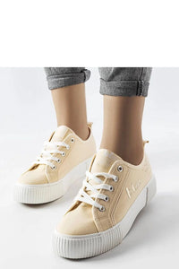 Baskets sneakers femmes design moderne épuré beige tige toile semelle caoutchouc blanc lacets métalliques