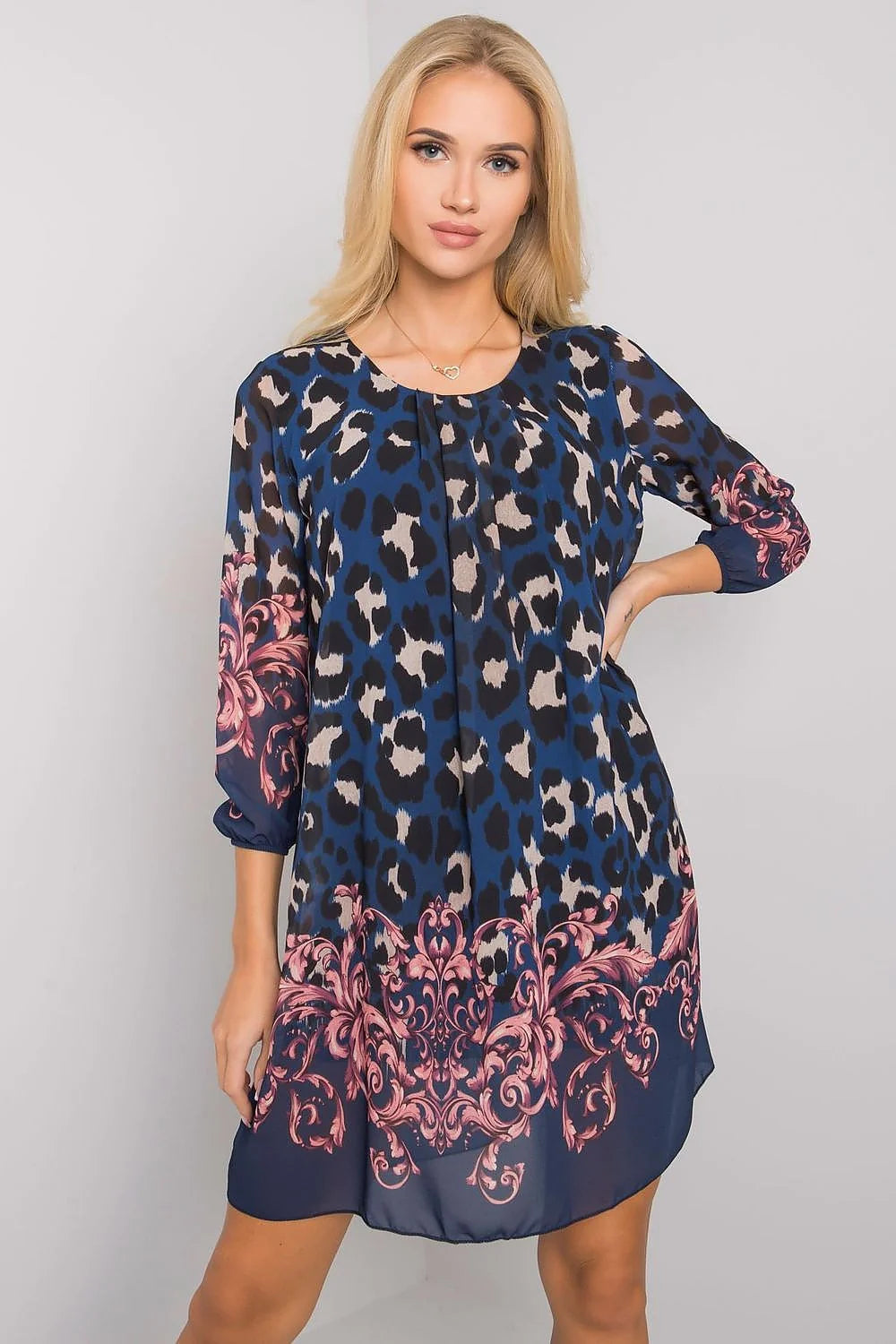 Robe de jour audacieuse Och Bella motif léopard coupe trapèze manches longues encolure ronde doublée polyester viscose femme