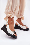 sandales femmes cuir naturel blanc tige texturée bride arrière réglable boucle dorée chaînette métal plateforme noire semelle crantée