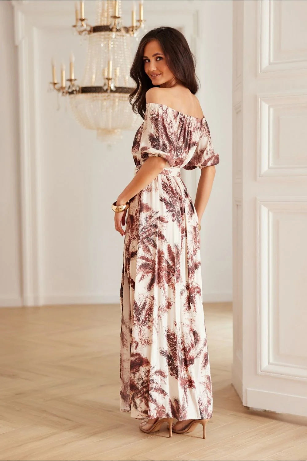 robe longue maxi femme bohème chic beige imprimé marron viscose légère fluide manches courtes ballon épaules nues ceinturée