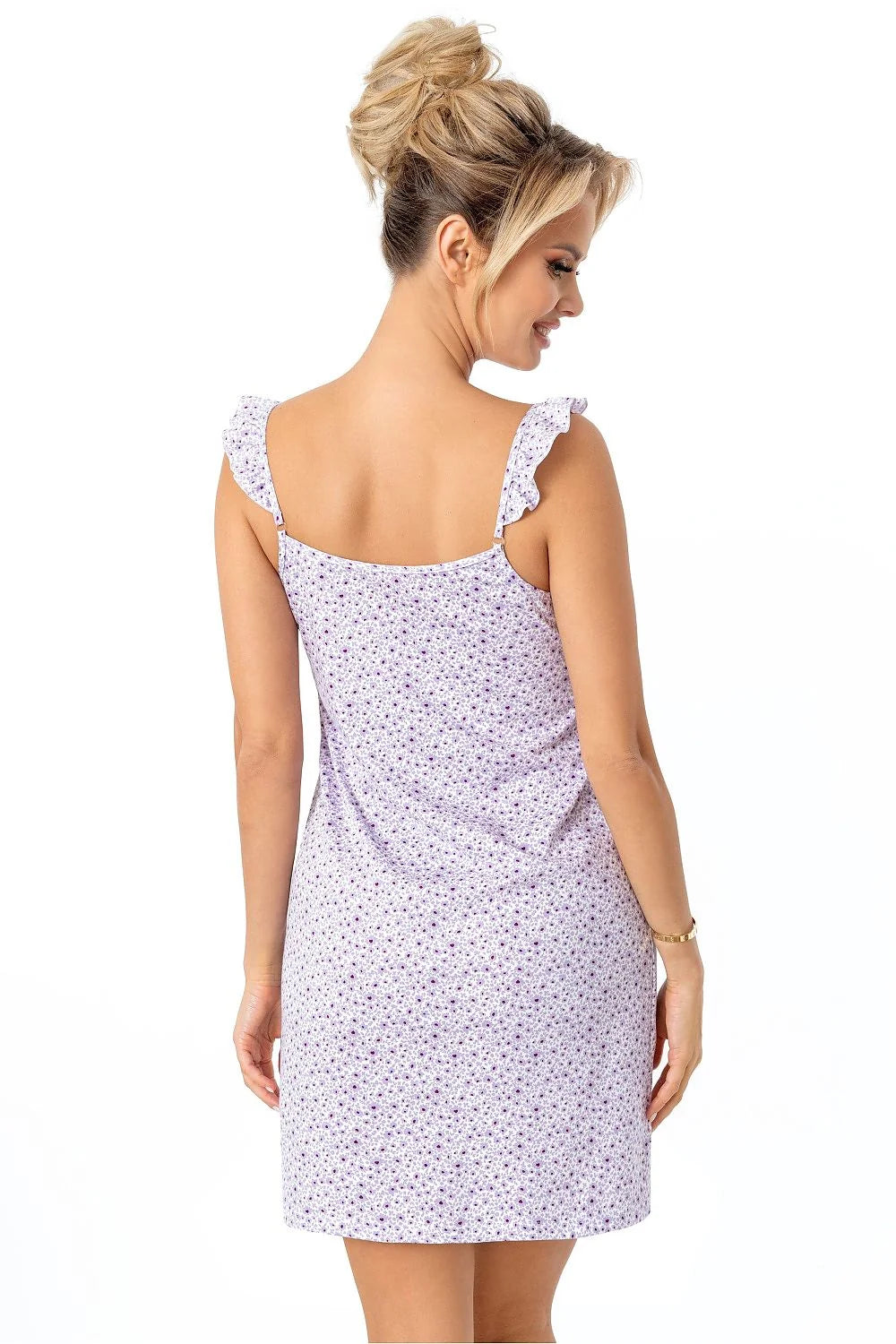 Robe d'été féminine Casual V-Neck Ruffles Strap White Small Violet Flowers Light Breathable Fabric Comfortable Fit Women