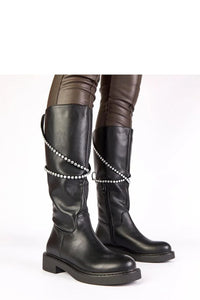 bottes cuissardes femme noires similicuir lisse bout rond semelle plate crantée antidérapante talon carré zippée latérale strass spirale