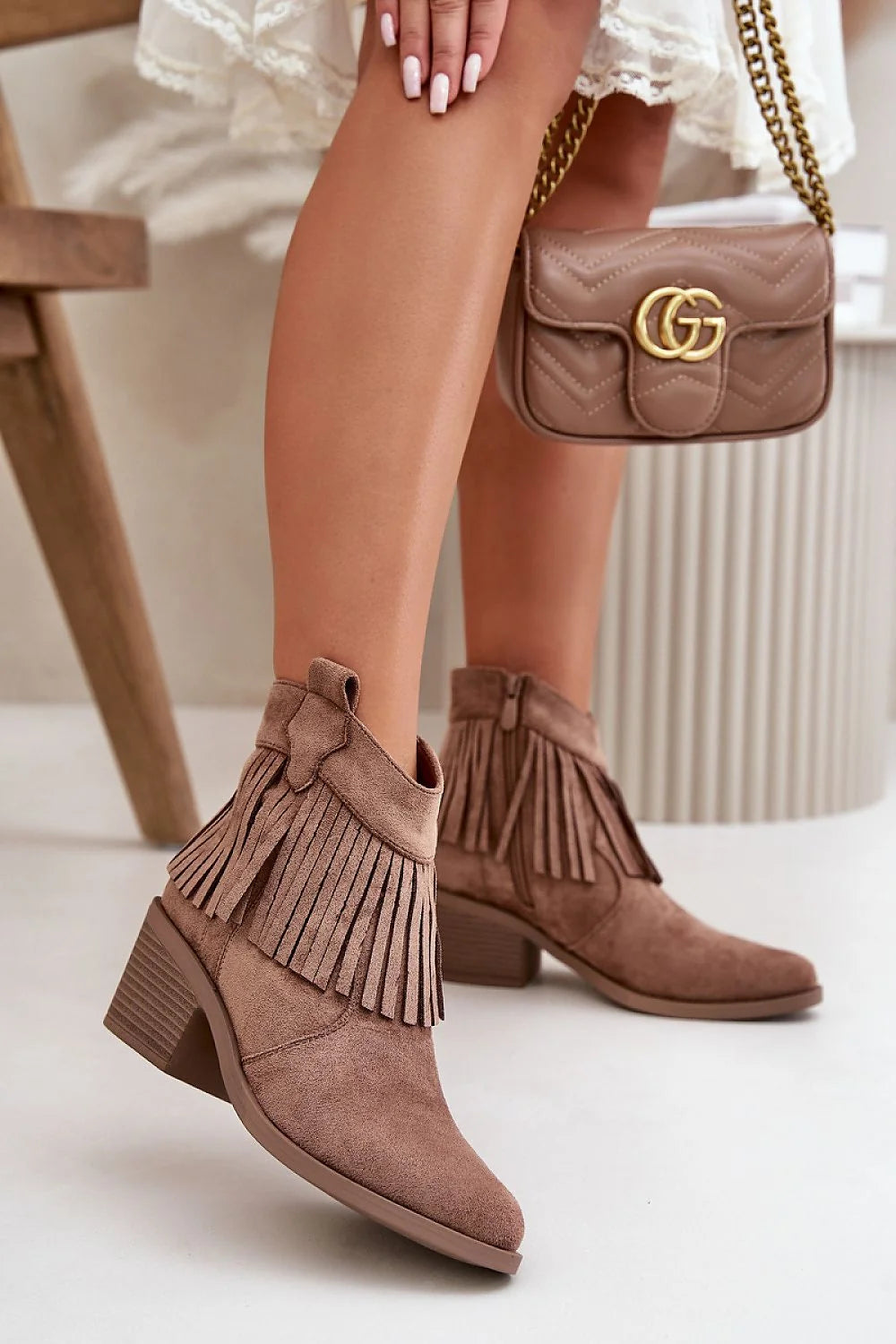 Bottes à talons Step in style en suédine brun taupe, franges, fermeture éclair, style western moderne, confort talon carré 5cm, occasion多s