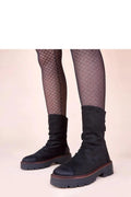 bottines noires Arlea Gemre cuir suédé écologique bout froncé rond tige froncée passepoil brun semelle crantée plateforme plate