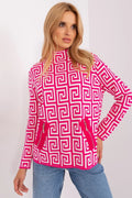 Chandail pour femme à motif géométrique fuchsia et blanc maille épaisse col montant manches longues poches zippées style audacieux mode contemporaine