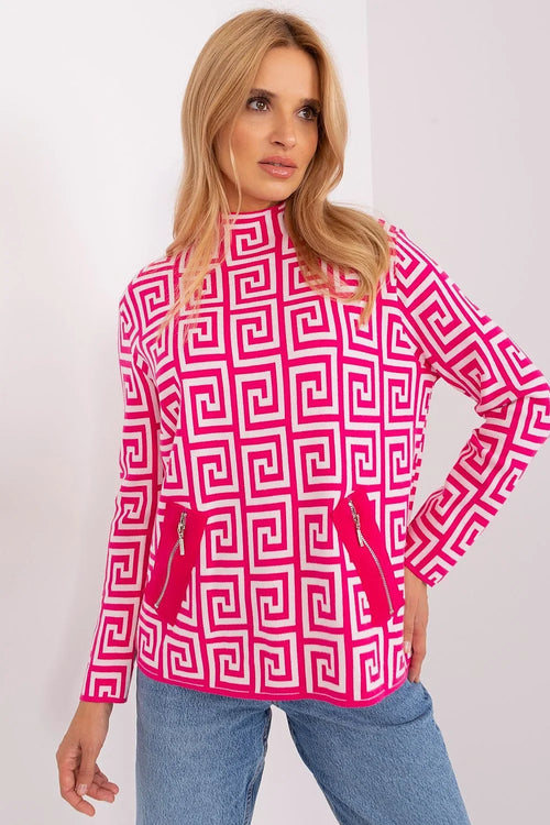 Chandail pour femme à motif géométrique fuchsia et blanc maille épaisse col montant manches longues poches zippées style audacieux mode contemporaine