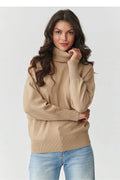 pull femme col roulé camel maille tricotée oversize coupe hanche manches longues poignets élastiques ourlet élastique doux respirant durable élégant