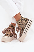 baskets femme montantes plateforme épaisse semelle gomme léopard beige camel bandes noires lacets ruban vichy marron oeillets fermeture eclair