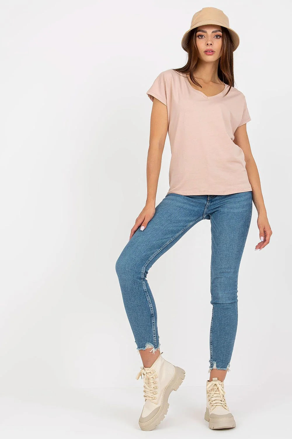 T-shirt femme décontracté couleur marron terre V-neck coton élasthanne loose quotidien