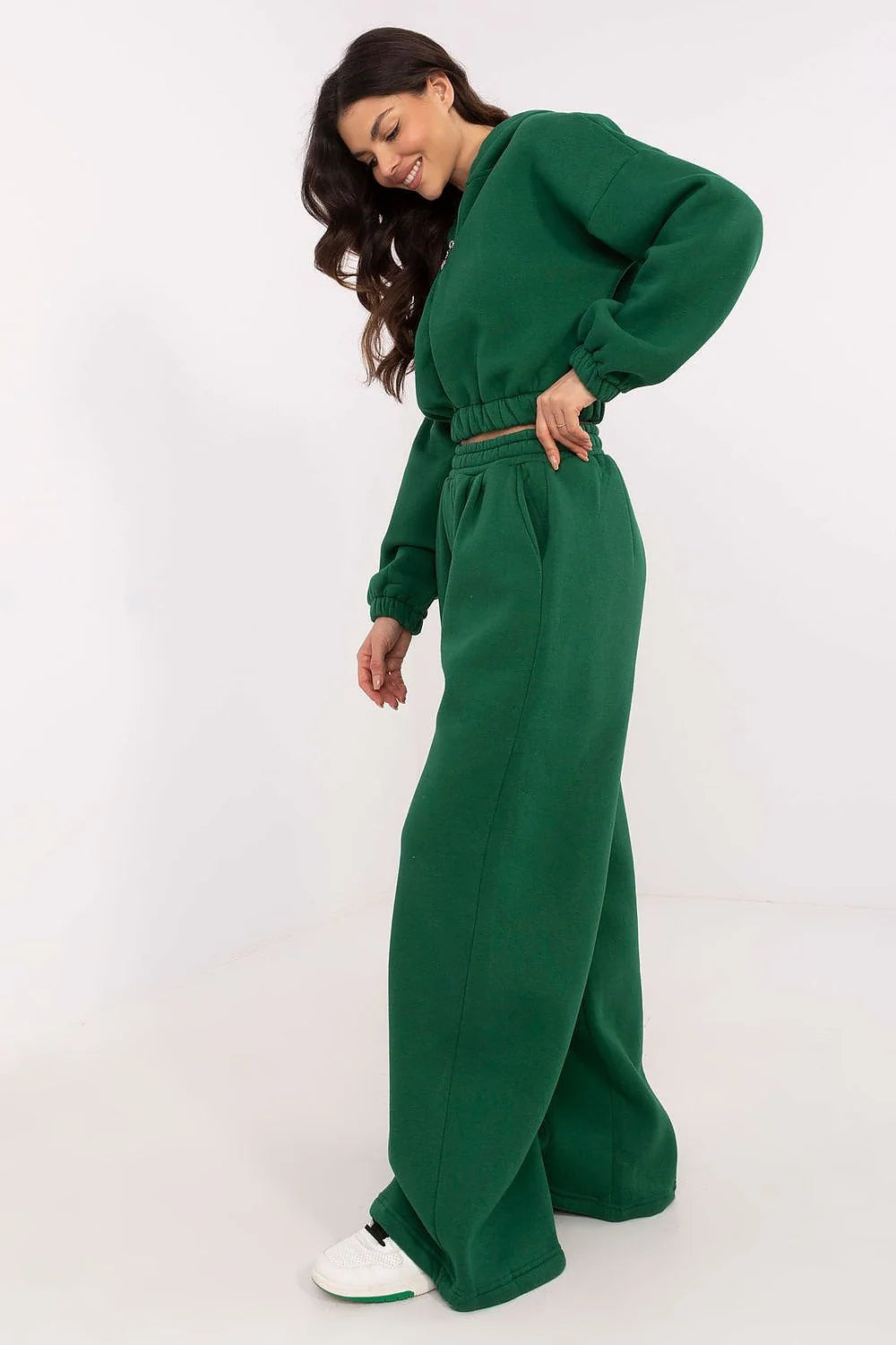 Ensemble de survêtement pour femme en vert profond, coupe ample, fermeture éclair, pantalon taille haute